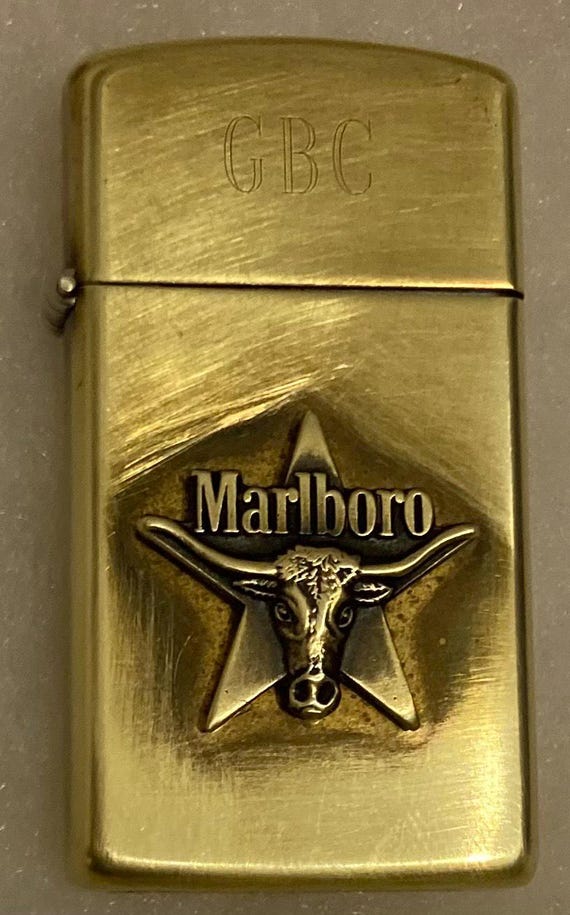 Vintage Metal Zippo Lighter, Brass, Marlboro, GBC, Texas Longhorn