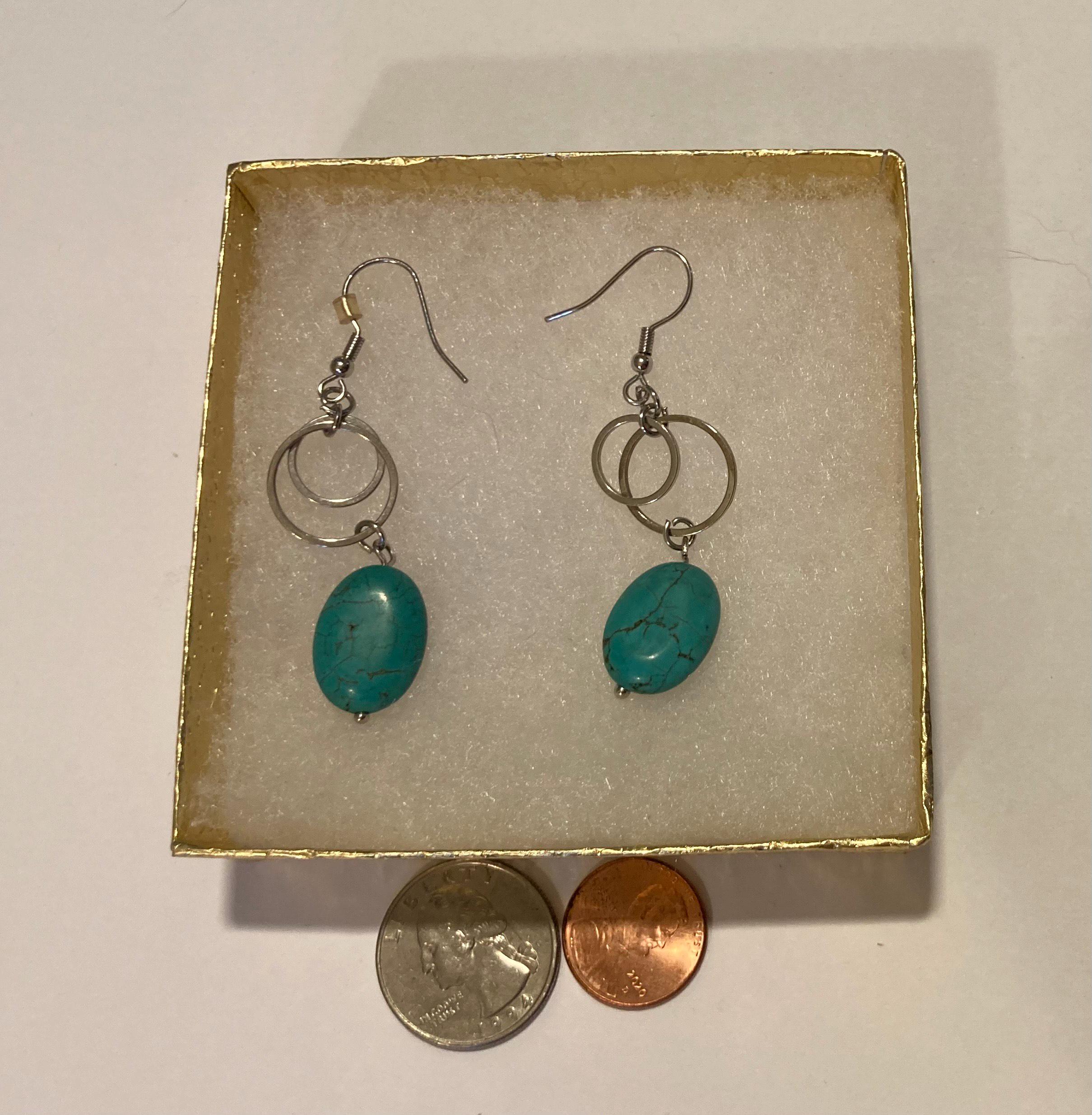 Vintage Set of Nice Blue Oval Turquoise Stone Earrings, Silver, Dangle, Quality, Jewelry, Accessory, Clothing, Necklace, Charm