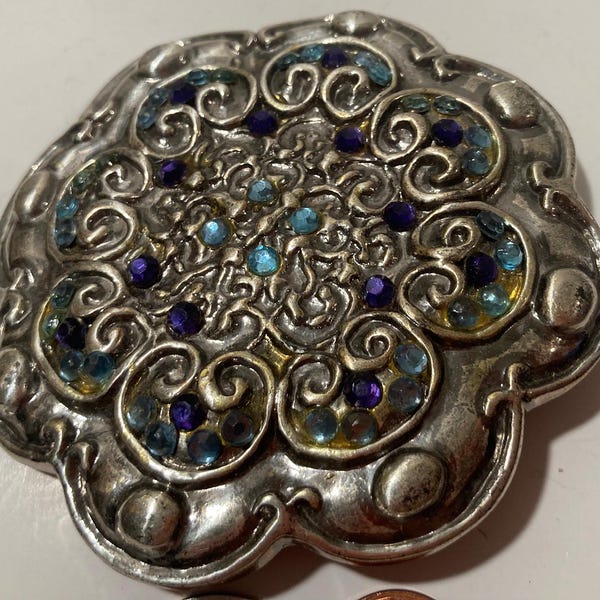 Vintage Metal Belt Buckle, Nice Blue and Purple Stones Design, Nice Western Design, 3 3/4" x 3 3/4", Heavy Duty, Quality, Thick Metal