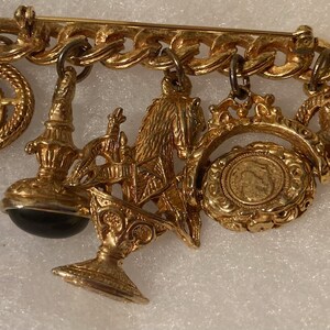 Vintage Brass Charm Brooch, Pin, Maxine Denker, Pearls, Horse, Spinning, Lady, Trophy, Glass Stone, Quality, Fashion, Unique, Made in USA image 2