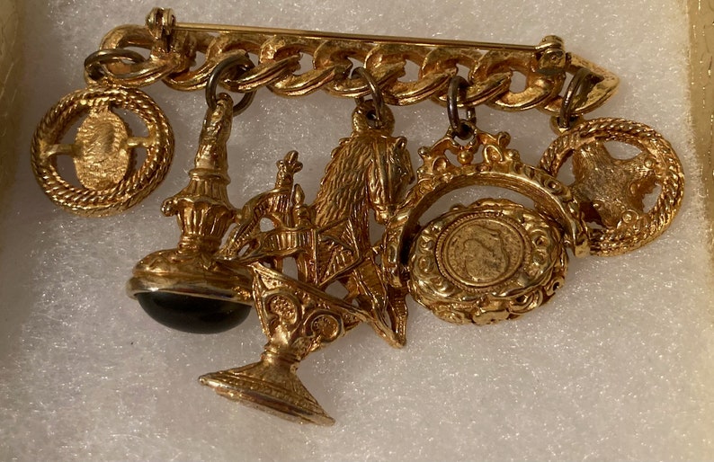 Vintage Brass Charm Brooch, Pin, Maxine Denker, Pearls, Horse, Spinning, Lady, Trophy, Glass Stone, Quality, Fashion, Unique, Made in USA image 2