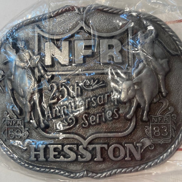 Vintage 1983 Metal Belt Buckle, Hesston, NFR, National Finals Rodeo, Nice Western Design, 3 3/4" x 3", Heavy Duty, Made in USA, Quality