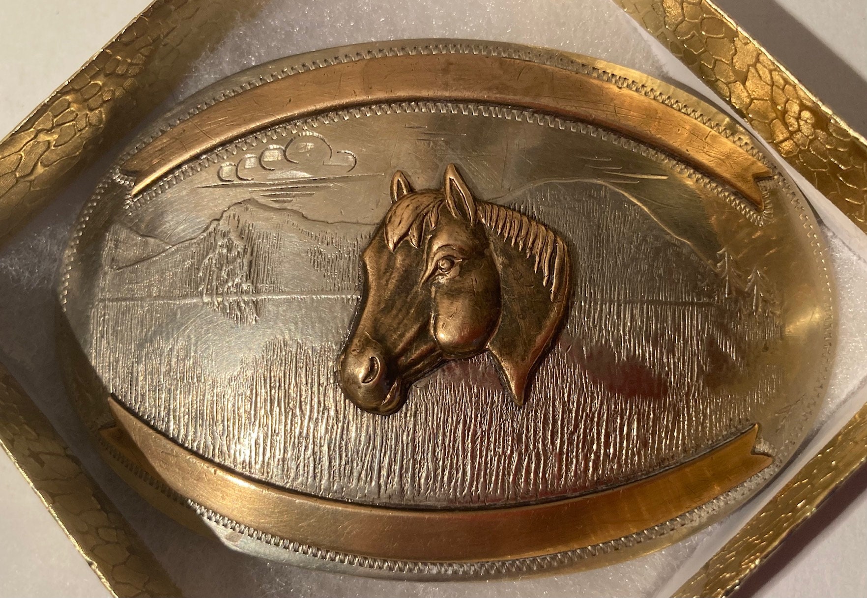Vintage Metal Belt Buckle German Silver and Brass Horse Irvine