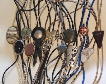 Vintage Lot of 14 Metal Bolo Ties, Nice Designs, Horse, Cowboy Boot, Black Onyx, Stone Designs, More
