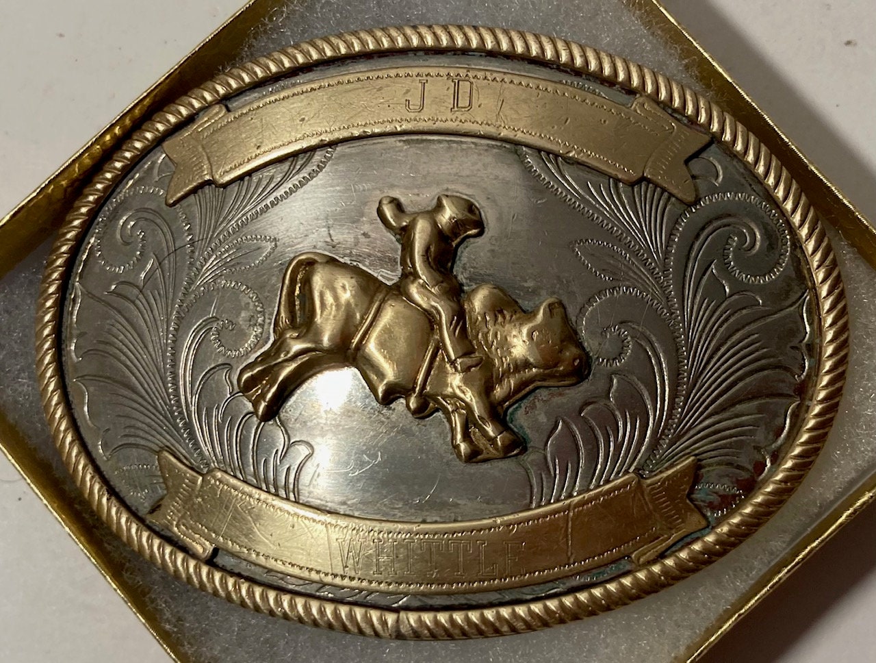 Vtg Nickle Silver Custom Made Emerald And Brass Front Bullriding Belt Buckle il_fullxfull.5627052510_noh4.jpg main image 4