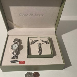 Vintage Cote d 'Azur polshorloge, ketting en oorbel set, kristallen, band, tijd, klok, mode, accessoire, kwaliteit, mooi, in doos