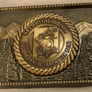 Vintage Metal Belt Buckle, Brass, NRA, Second Annual Elk Hunt, Hunting, Nice Western Design, 3&quot; x 2&quot;, Heavy Duty, Quality, Thick Metal