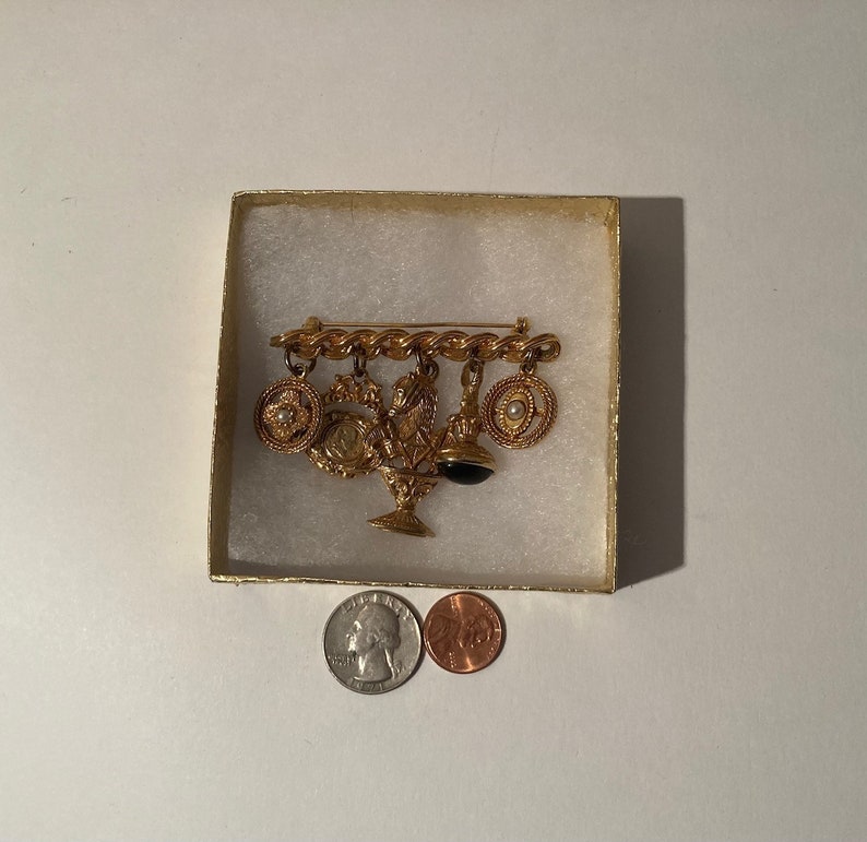 Vintage Brass Charm Brooch, Pin, Maxine Denker, Pearls, Horse, Spinning, Lady, Trophy, Glass Stone, Quality, Fashion, Unique, Made in USA image 4