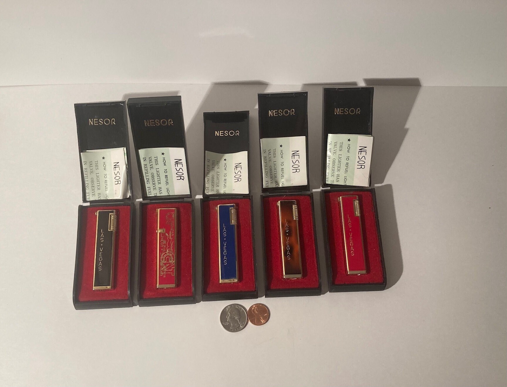 Lot of 5 Vintage Metal Lighters, Nesor, Las Vegas