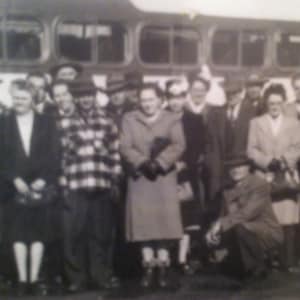 Vintage Old Photograph in Glass Frame, 32 People I Can Count Standing in Front of a Bus, 10&quot; x 8&quot;, I Notice Most of Their Clothing Looks