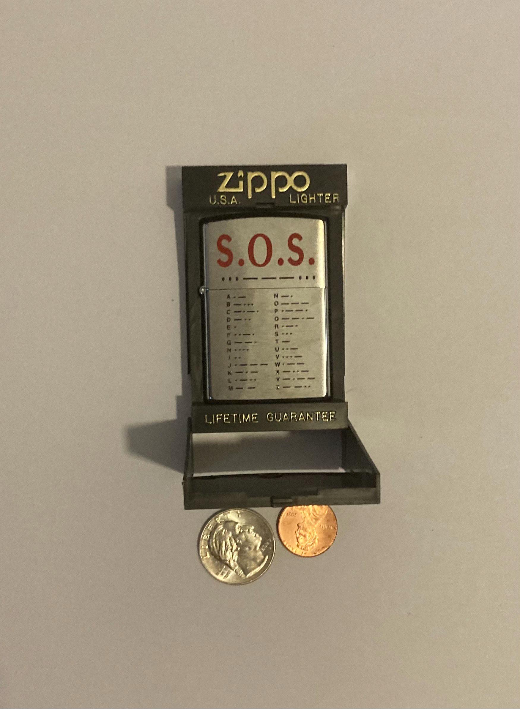 Vintage Metal Zippo Lighter, S.O.S. Help, Morse Code, Secrets