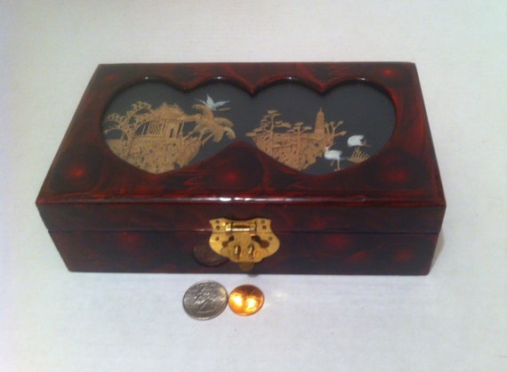 Vintage Wooden Box with Heart Shaped Windows with… - image 1