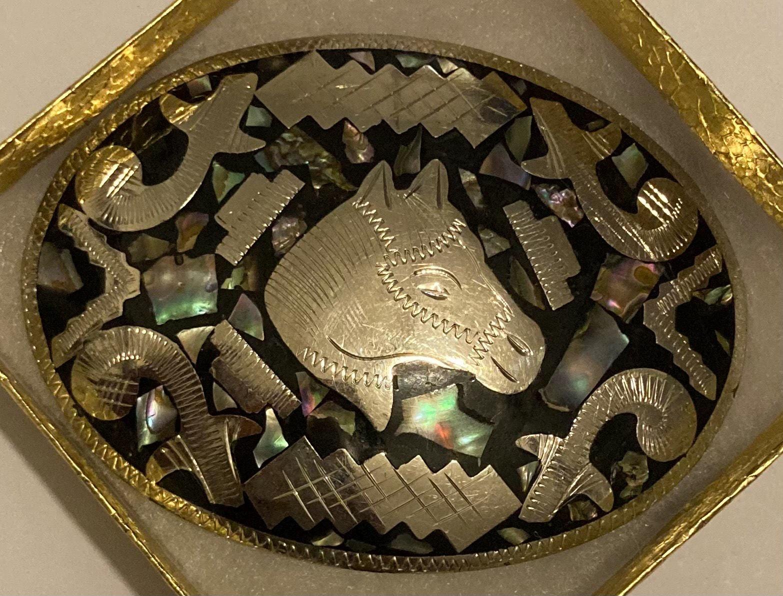 Boucle de ceinture vintage, alpaga du Mexique argenté avec
