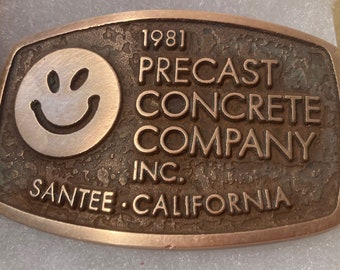 Vintage 1981 Metal Belt Buckle, Brass, Precast Concrete Company, Santee, Nice Design, 3 1/2" x 2 1/4", Heavy Duty, Quality, Thick Metal