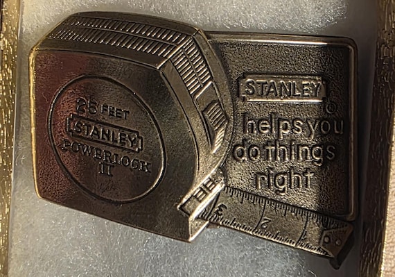 Vintage Metal Belt Buckle, Brass, Stanley, Tape Measure, Construction, Measuring Tape