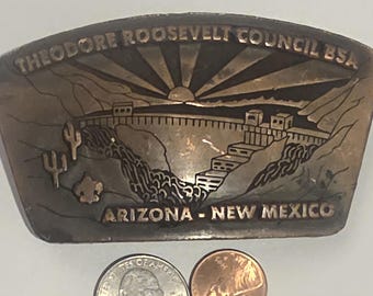 Hebilla de cinturón de metal vintage, Consejo Theodore Roosevelt de los Boy Scouts de América, Arizona y Nuevo México, bonito diseño de estilo western.