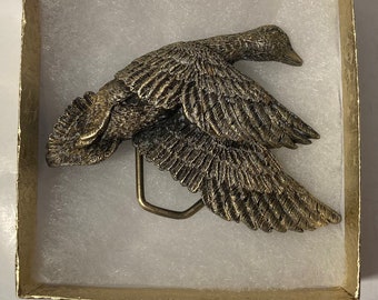 Vintage 1979 Metal Belt Buckle, Brass, Canadian Goose, Duck, Mallard, Wildlife, Nature, Nice Western Design, 3 1/2&quot; x 2 1/2&quot;, Heavy Duty