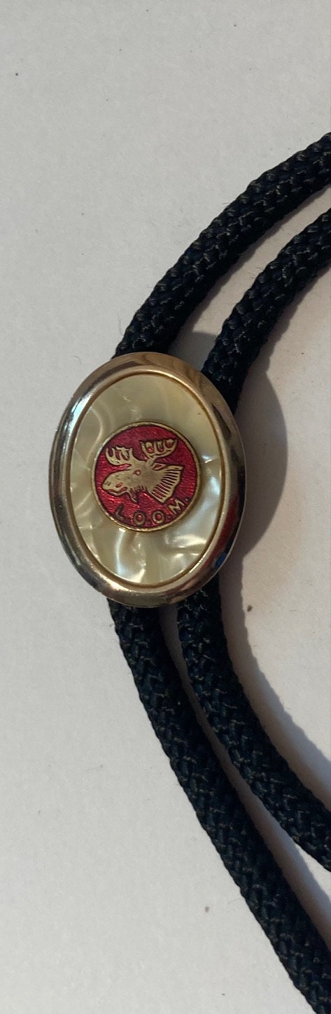 Vintage Metal Bolo Tie, Moose, LOOM, Loyal Order Of Moose, Lodge, Mother of Pearl, Nice Western Design, Quality, Heavy Duty, Made in USA