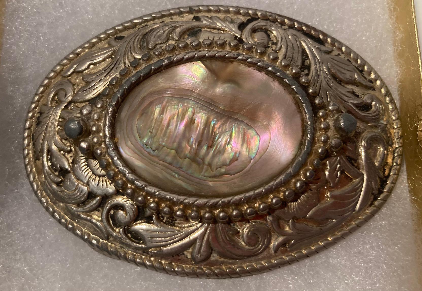 VINTAGE STERLING WITH Abalone Shell Belt Buckle Vintage Abalone Shell & Brass Belt Buckle – Dovetail main image 3