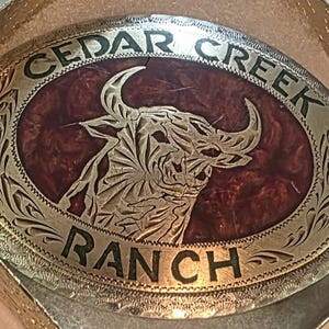 Vintage metallbältesspänne, mässing och silver, tjur, stear, Cedar Creek Ranch, fin westerndesign