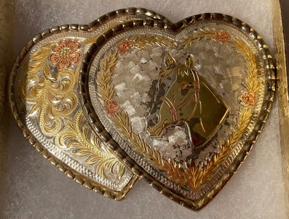 Vintage Metal Belt Buckle, Double Hearts, Horse, … - image 3