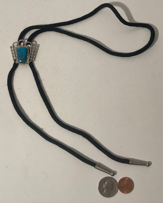 Vintage Metal Bolo Tie, Nice Silver and Blue Turq… - image 4