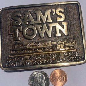 Vintage 1982 Metal Belt Buckle, Brass, Sam&#39;s Town, Hotel, Gambling, Casino, Las Vegas, Really Heavy, Nice Western Design, 4&quot; x 3&quot;, Heavy