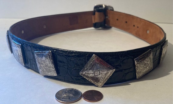 Vintage Black Leather Belt and Buckle, Silver Squ… - image 1