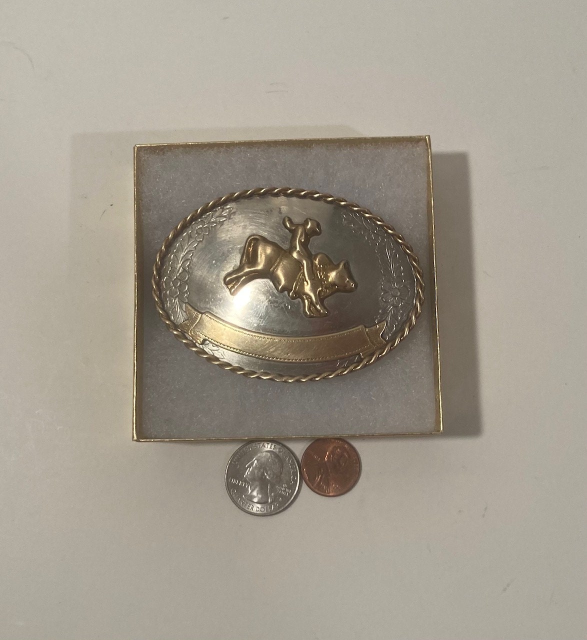 Vintage Metal Belt Buckle, German Silver and Brass, Bull  display picture 3
