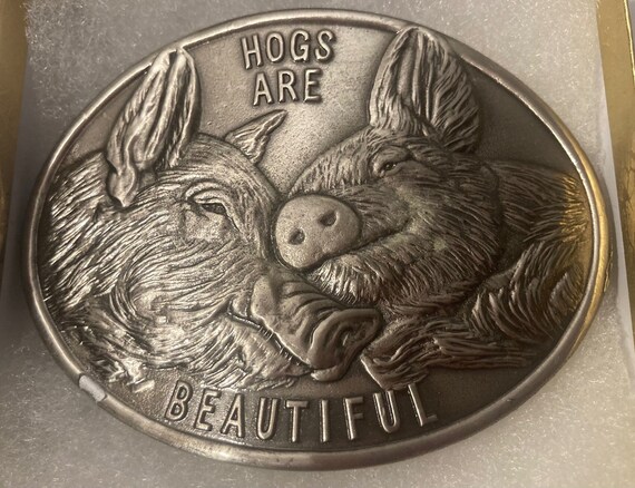 Vintage Metal Belt Buckle, Hogs Are Beautiful, Fa… - image 1