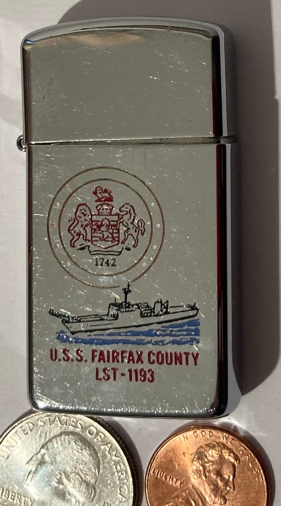 Vintage Metal Zippo Lighter, Slim, U.S.S. Fairfax County LST-1193