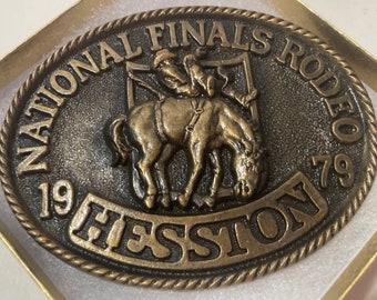 Vintage 1979 Metal Belt Buckle, Brass, Hesston, National Finals Rodeo, NFR, Nice Design, 3 13/4" x 2 3/4", Heavy Duty, Quality, Thick Metal