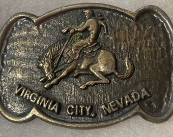 Vintage Metal Belt Buckle, Virginia City, Nevada, Bronco Busting, Nice Western Design, 3 1/4" x 2 1/4", Heavy Duty, Made in USA, Quality