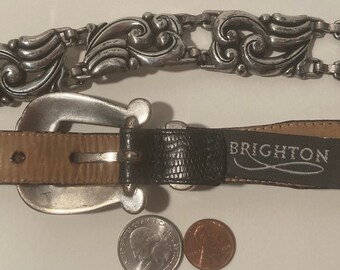 Ceinture Vintage Brighton Classics - Cuir Noir - Boucle Ton Or Et Argent - Taille M/L 32 - Réglable - Occasion
