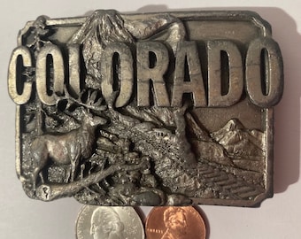 Vintage 1983 Pewter Belt Buckle, Colorado, Siskiyou, Made in USA, Quality, Heavy Duty, Fashion, Belts, Shelf Display, Collectible