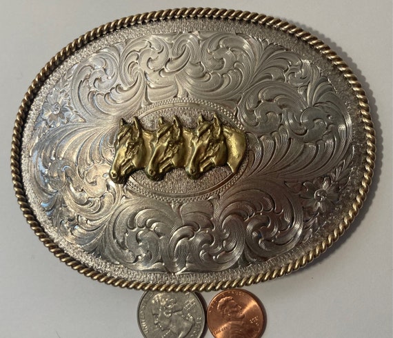 Vintage Metal Belt Buckle, Silver and Brass, Thre… - image 2