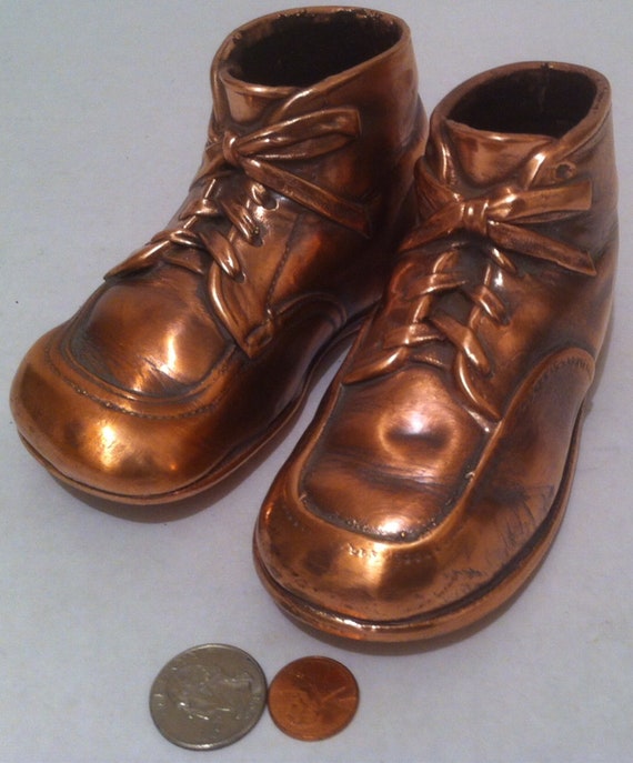 Vintage Metal Copper Set of 2 Kids Baby Shoes, Me… - image 3