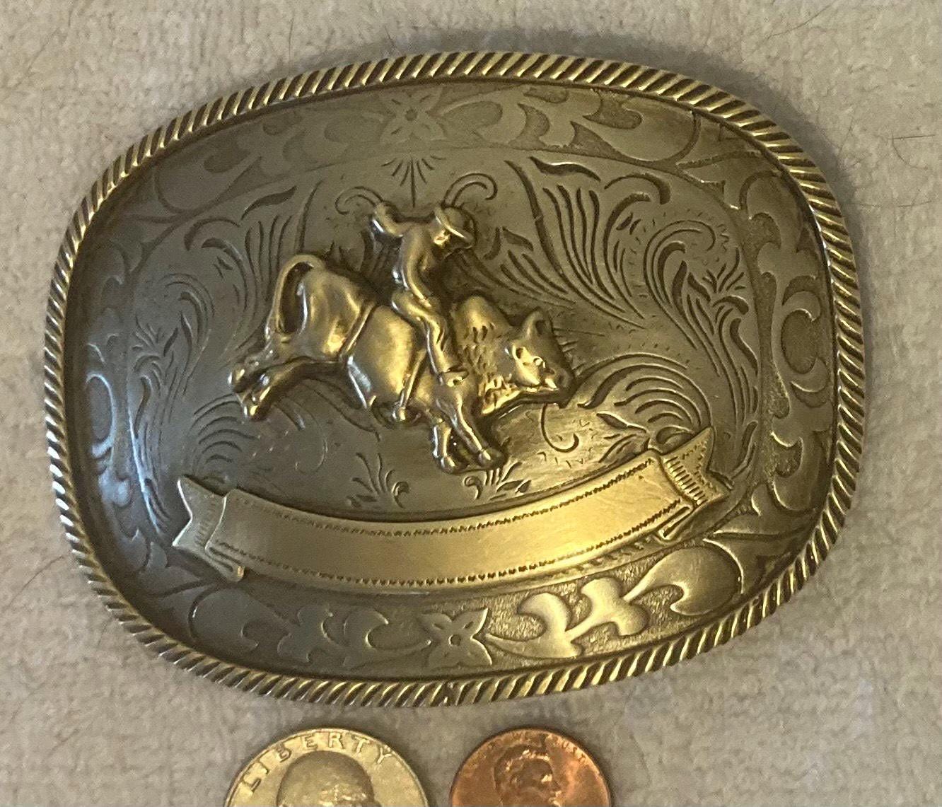 Vintage Metal Belt Buckle, German Silver, Cowboy, Bull 