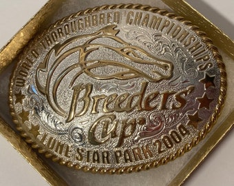 Vintage 2004 Metall Gürtelschnalle, Silber und Messing, Weltmeisterschaft im Vollblut, Breeders Cup, Lone Star Park, Rodeo, Cowboy