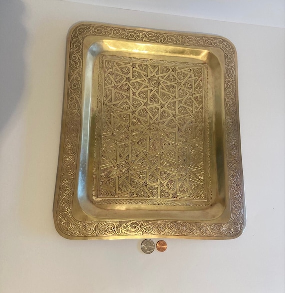 Vintage Metal Brass Wall Hanging Tray, Traditional Chinese Etched Tray,  Rectangular, Heavy Duty, Quality, 16 X 13, Intricated Design 
