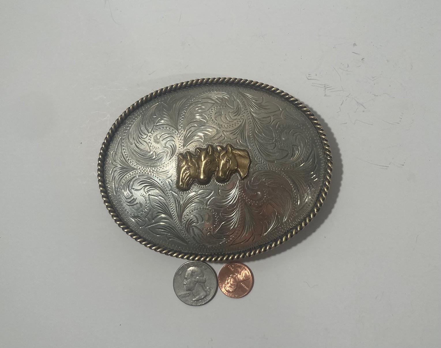 Vintage Metal Belt Buckle, Silver and Brass, Cimirrom, Three