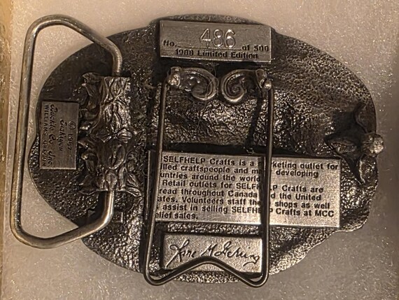 Vintage 1988 Metal Belt Buckle, Mid Kansas Relief Sale, Elephant, Sits on Stand in Back View 3