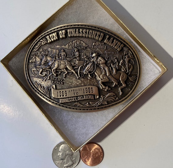 Vintage 1989 Metal Belt Buckle, Run of Unassigned Lands, Hennessey