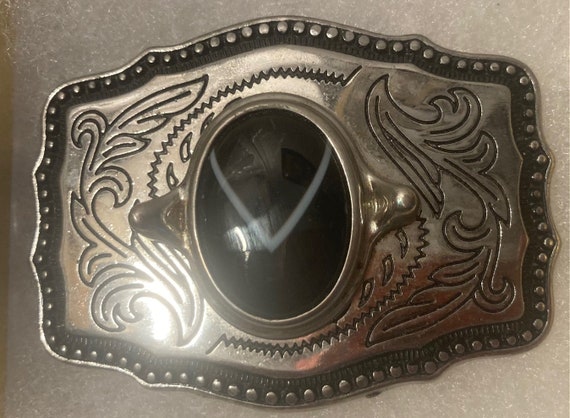 Vintage Metal Belt Buckle, Nice Black Stone Desig… - image 2