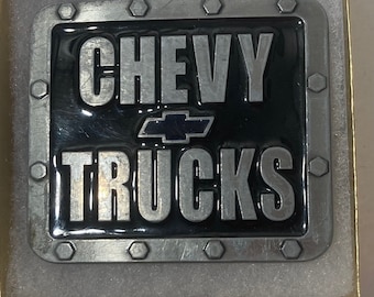 Vintage Metal Belt Buckle, Black Enamel, Chevy Trucks, Nice Design, 3" x 2 3/4", Heavy Duty, Quality, Thick Metal, Made in USA, For Belts