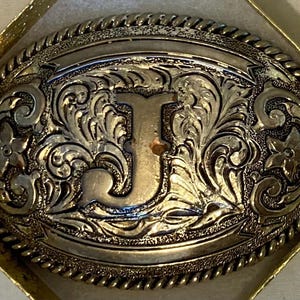 Vintage Metal Belt Buckle, Letter J, Initial J, Nice Design, 3 3/4&quot; x 2 3/4&quot;, Heavy Duty, Quality, Thick Metal, For Belts, Fashion