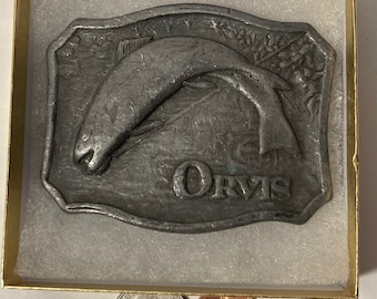 Vintage 1975 Metal Belt Buckle, Fly Fishing, Orvis, Nice Western Design, 3 1/4&quot; x 2 1/2&quot;, Heavy Duty, Quality, Thick Metal, Made in USA