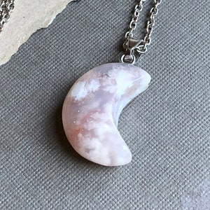 Gemstone Moon Necklace, Flower Agate Necklace, White Gemstone Crescent Moon Necklace on Silver