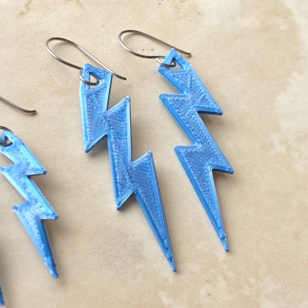 Blue Lightning Bolt Earrings on Stainless Steel, Shimmer Blue 3D Printed Earrings