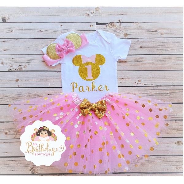 Minnie Mouse pink and gold tutu outfit,Tutu birthday outfit,Minnie Mouse birthday outfit,pink birthday tutu,pink tutu,girl birthday outfit